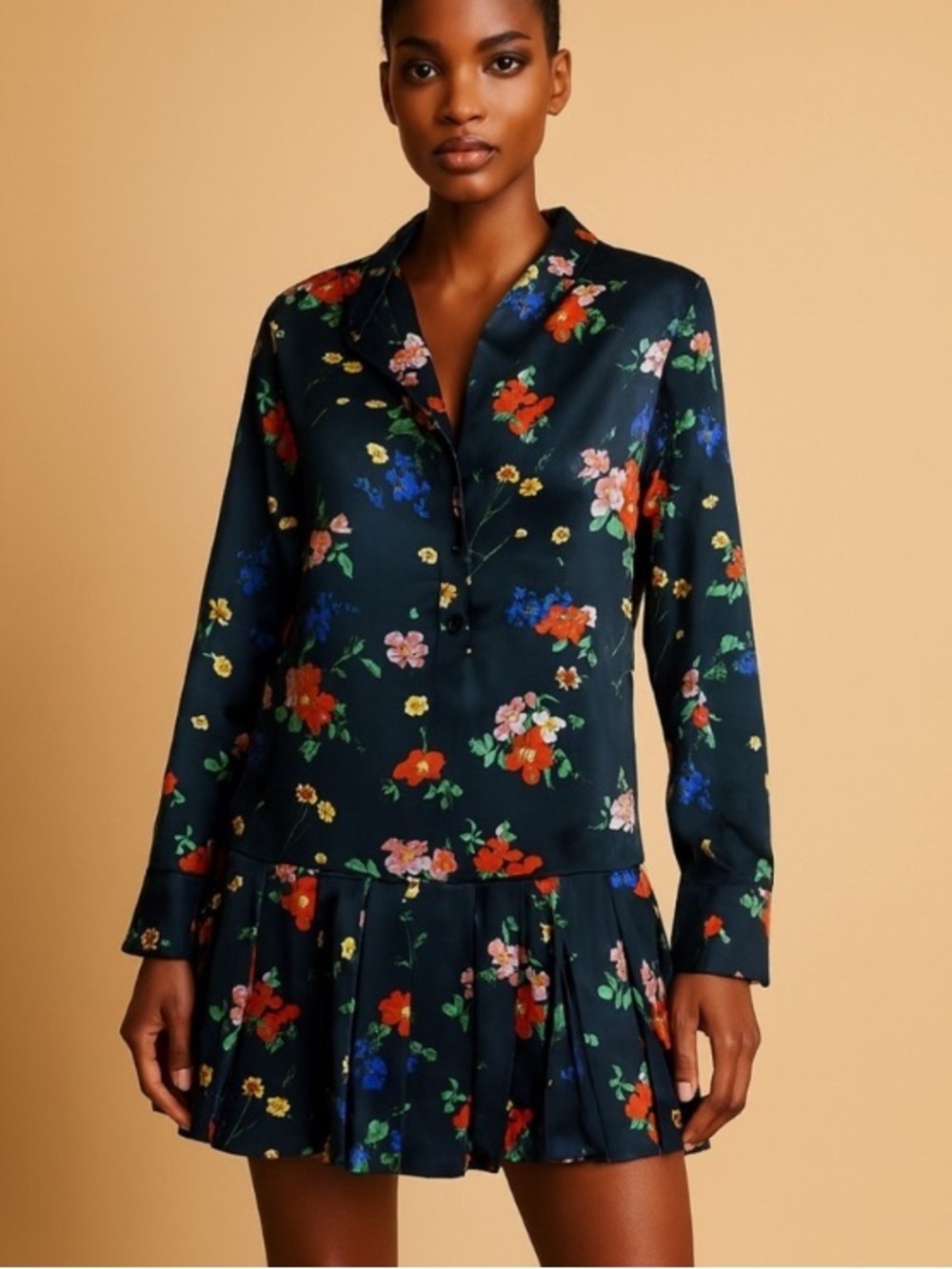Tuckernuck Tate Dress Navy/Black Floral Ruffle Drop Waist Mini Preppy Feminine L